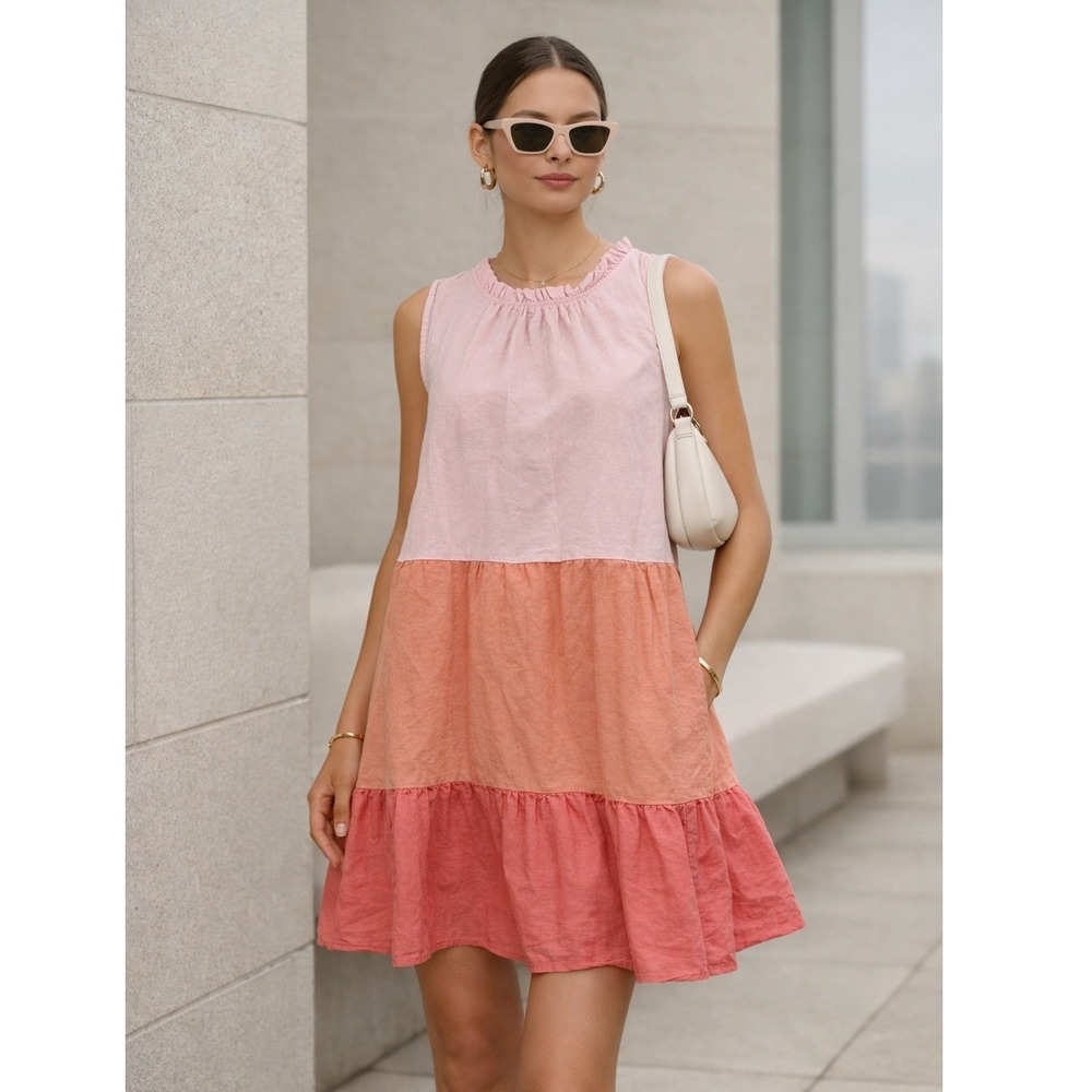St. John's Bay Colorblock Linen Cotton Tiered Ruffle Dress Relaxed Casual Small